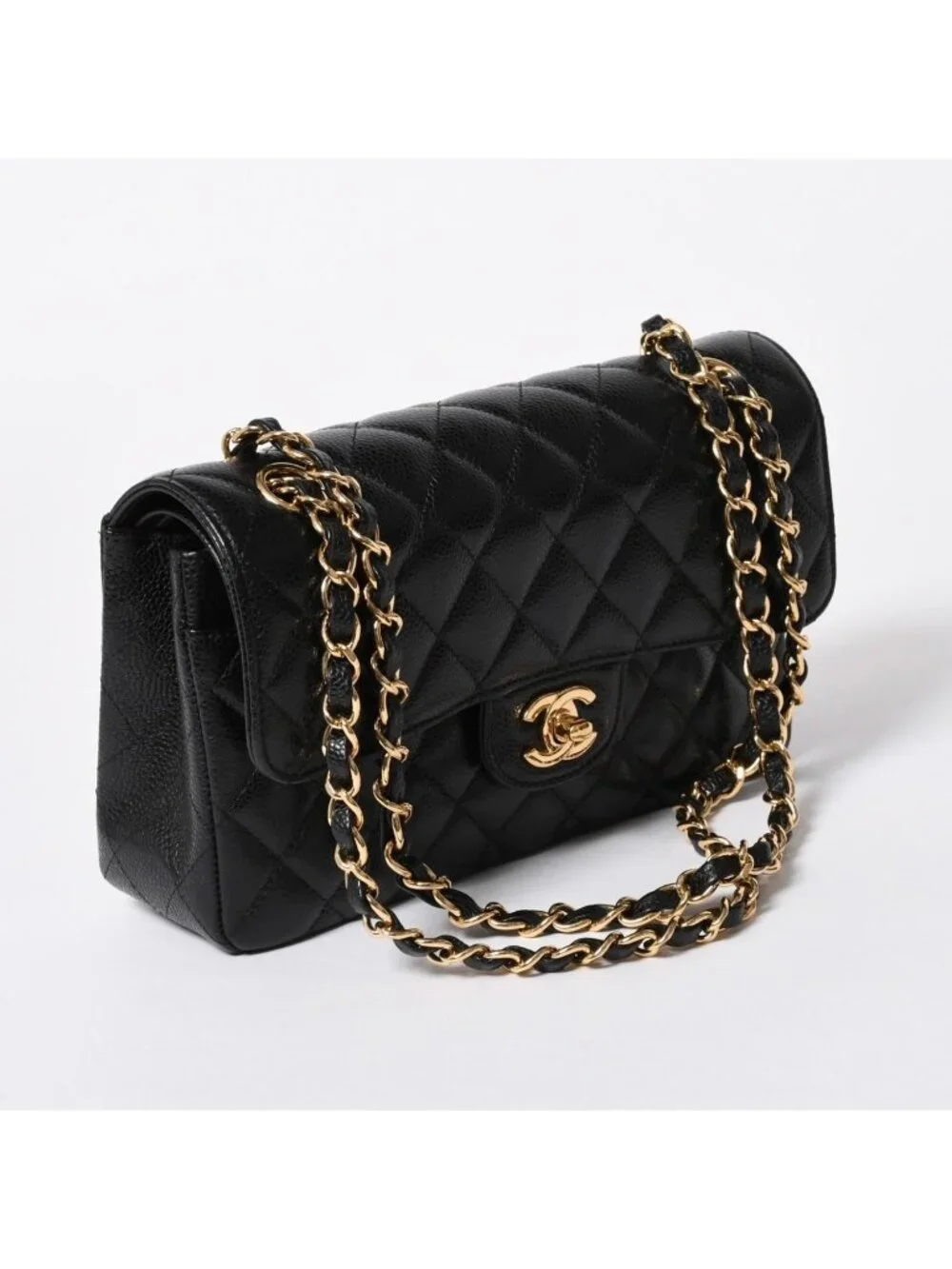 Chanel Quilted 23 Double Flap Chain Shoulder Bag CC Logo Caviar Leather Black